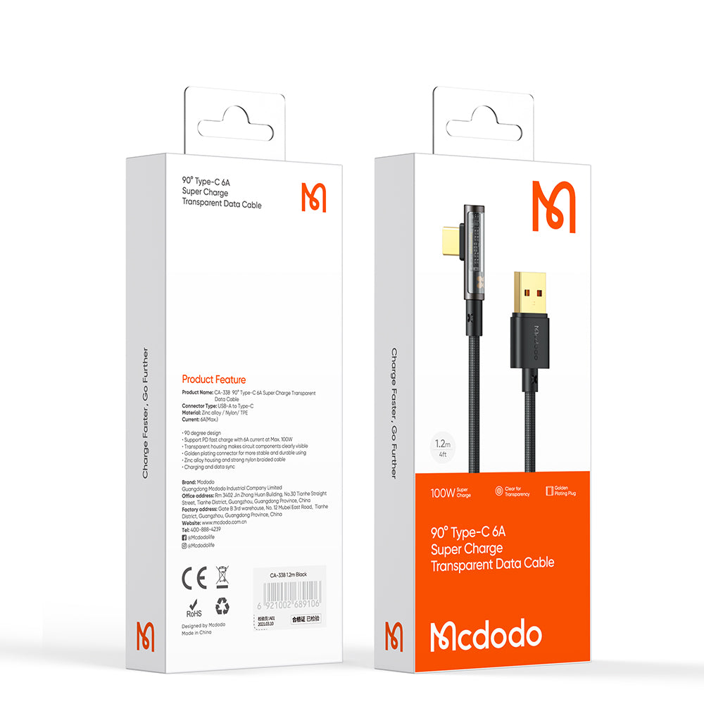 CA-3380 90 Degree Type-C 6A Data Cable 1.2m