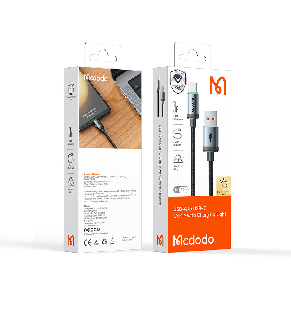 CA-3960 USB-A to USB-C Cable with Charging Light 1m