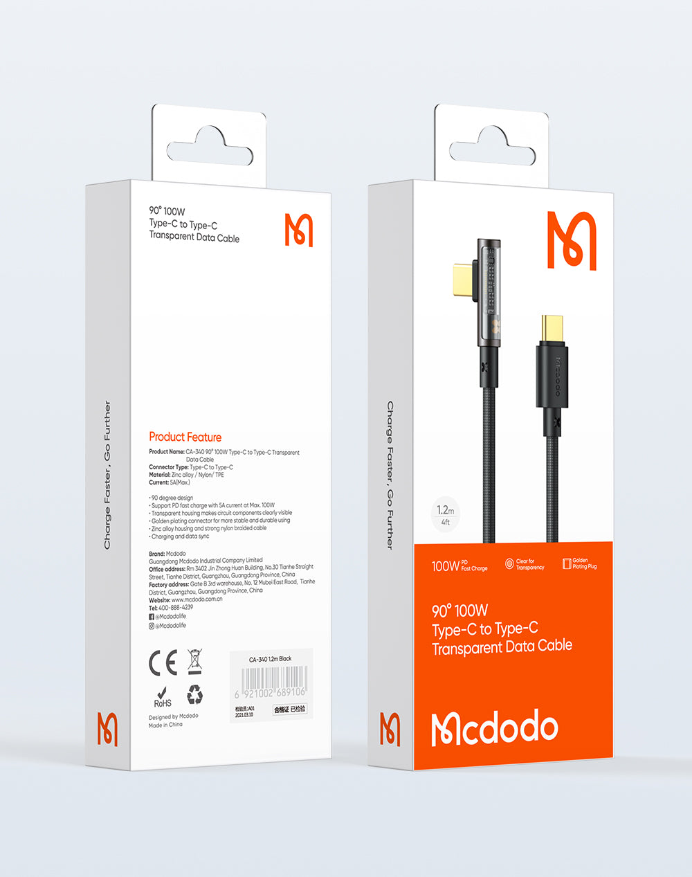 CA-3401 100W Type-C to Type-C 90 Degree Transparent Data Cable 1.8m